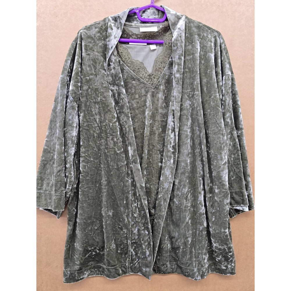Belle Boho by Kim Gravel Velvet Tank & Open Front Robe Lounge Set Green M